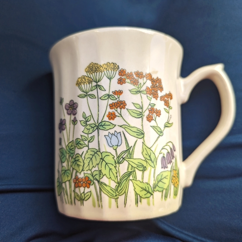 Vintage mid century Japan ceramic printed wildflower mug